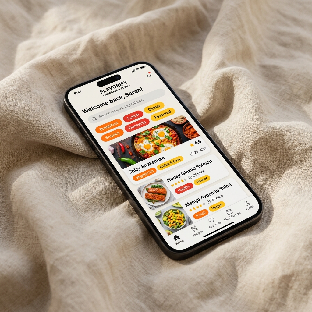 Flavorify recipe dashboard mobile app mockup